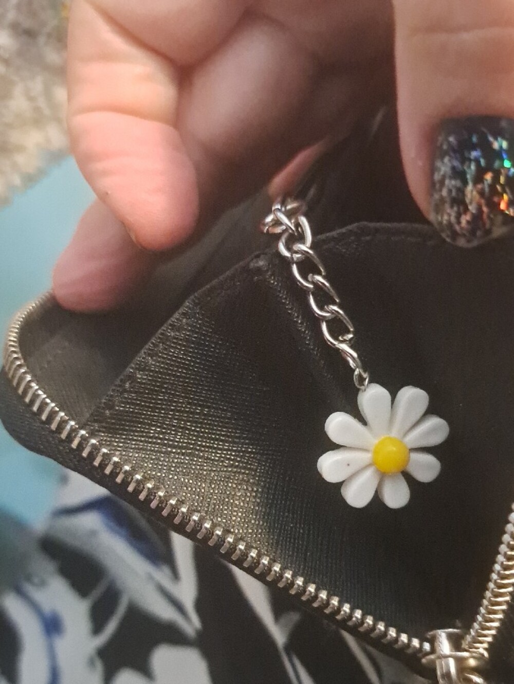 Hand Painted Leather Black Floral & Bee Zip Wallet with Blue and Purple Accents - Picture 7 of 9